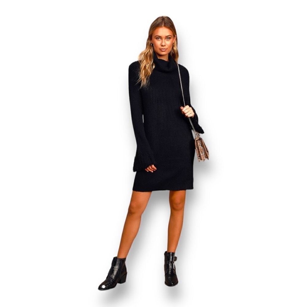 Lulu’s Black Turtleneck Sweater‎ Dress with Bell Sleeves, Small